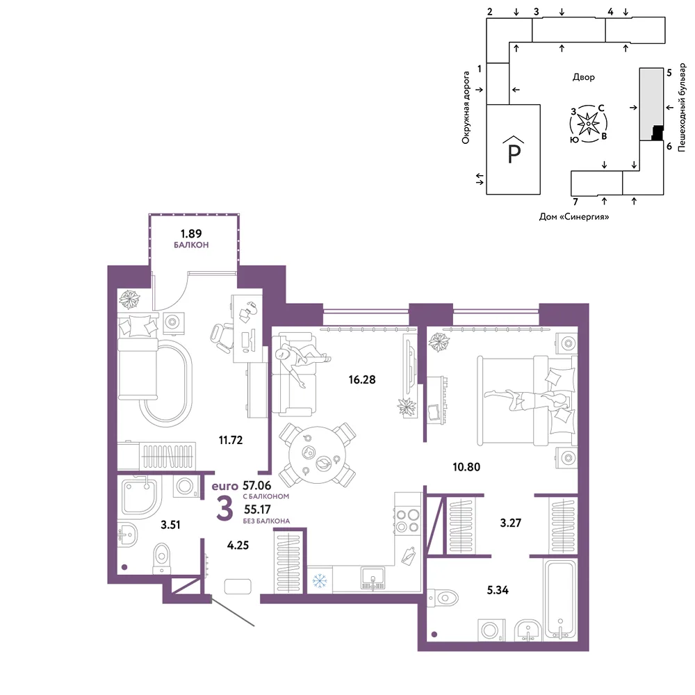 Планировка 3-комн. квартира, 57.06 м² ЖК «Юнион»