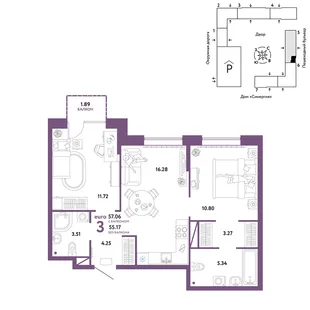 Планировка 3-комн. квартира, 57.06 м² ЖК «Юнион»