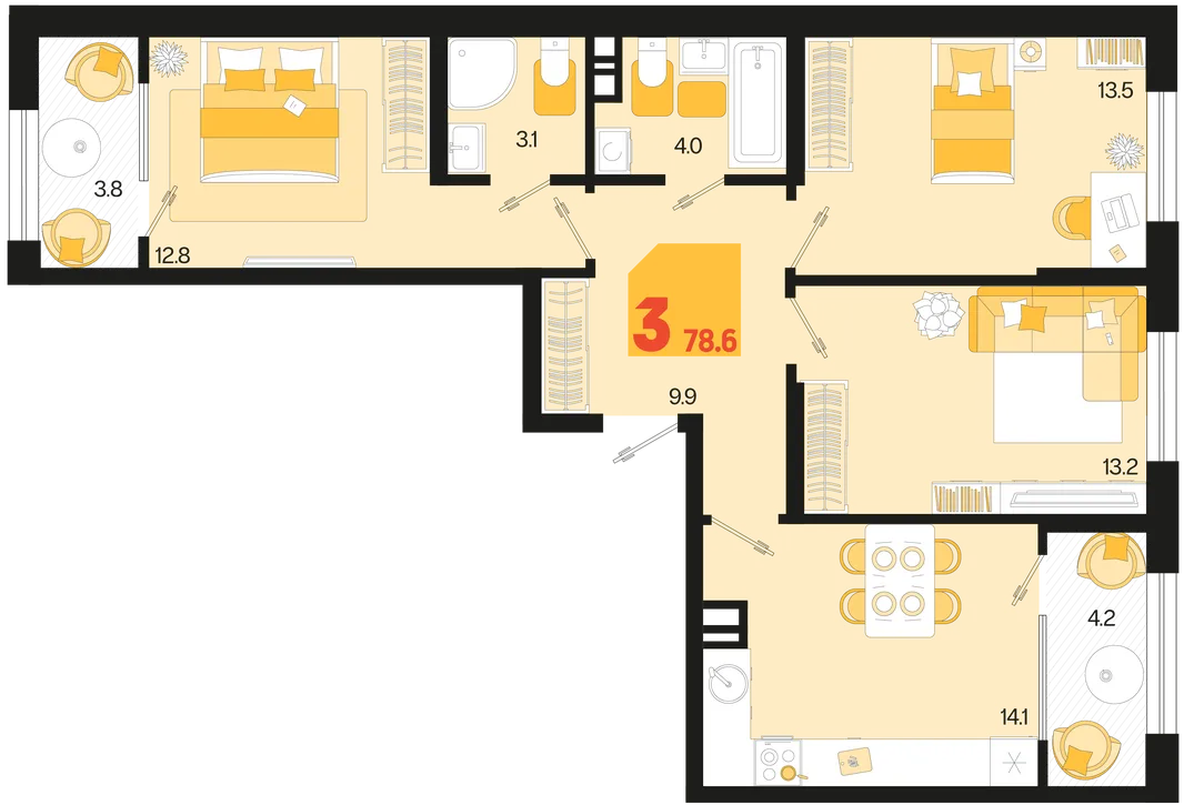 Планировка 3-комн. квартира, 78.6 м² ЖК «Первое место»