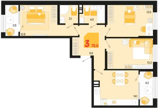Планировка 3-комн. квартира, 78.6 м² ЖК «Первое место»