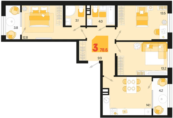 Планировка 3-комн. квартира, 78.6 м² ЖК «Первое место» Планировка 3-комн. квартира, 78.6 м² ЖК «Первое место»