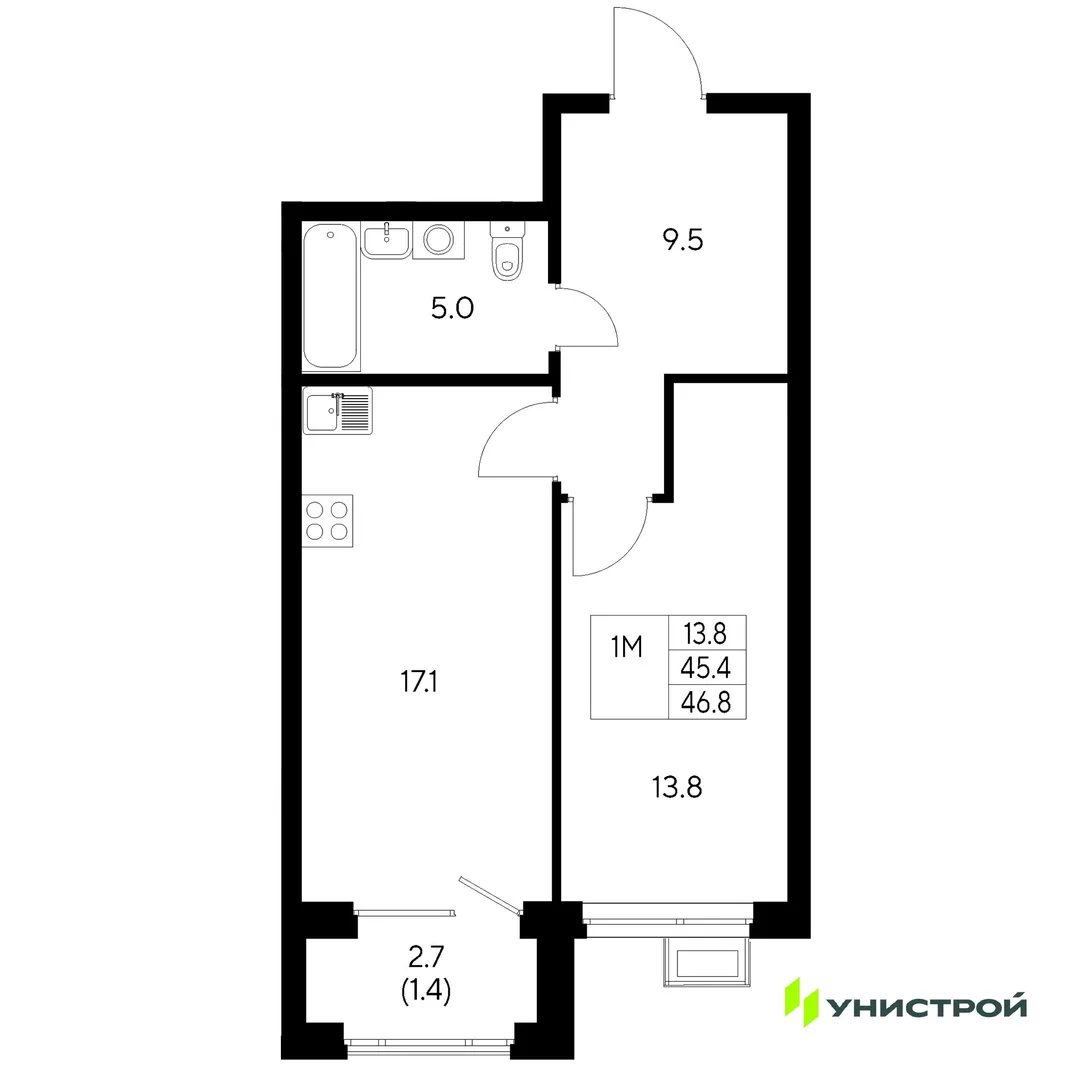 Планировка 1-комн. квартира, 46.8 м² ЖК «Стадиум»