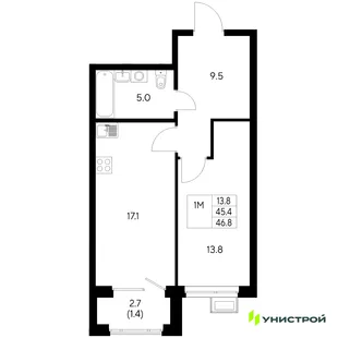 Планировка 1-комн. квартира, 46.8 м² ЖК «Стадиум»