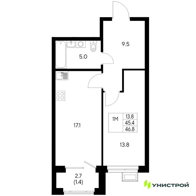 Планировка 1-комн. квартира, 46.8 м² ЖК «Стадиум» Планировка 1-комн. квартира, 46.8 м² ЖК «Стадиум»