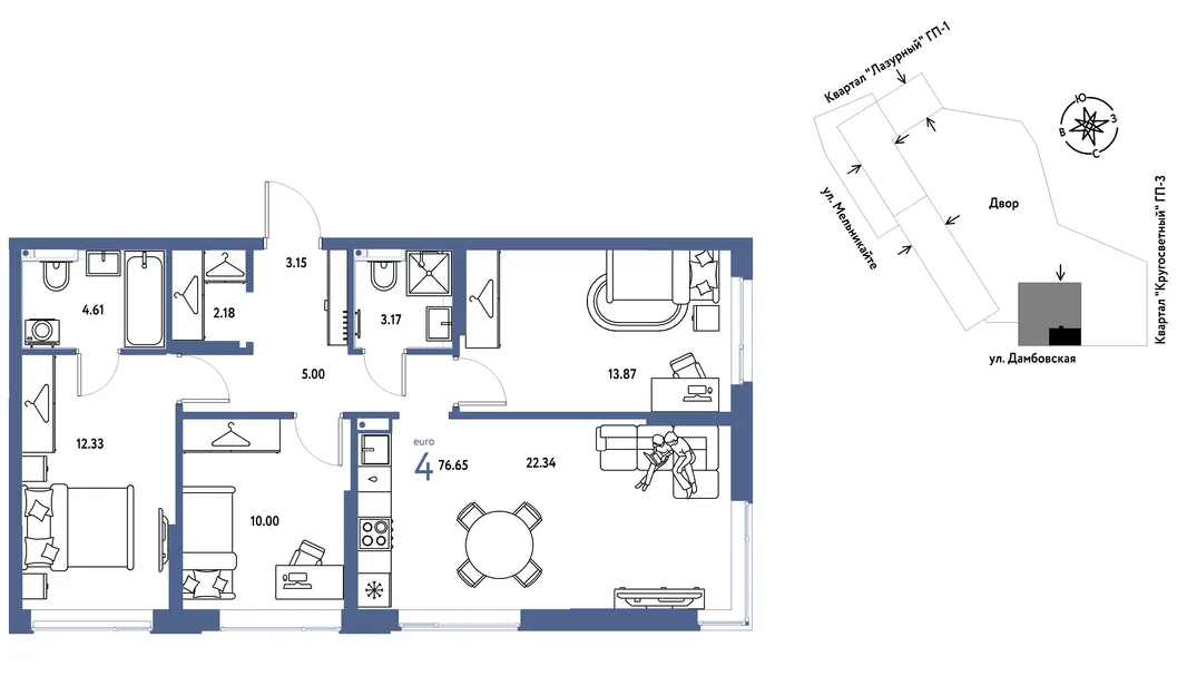 Планировка 4-комн. квартира, 76.65 м² ЖК «Страна Прибрежная»