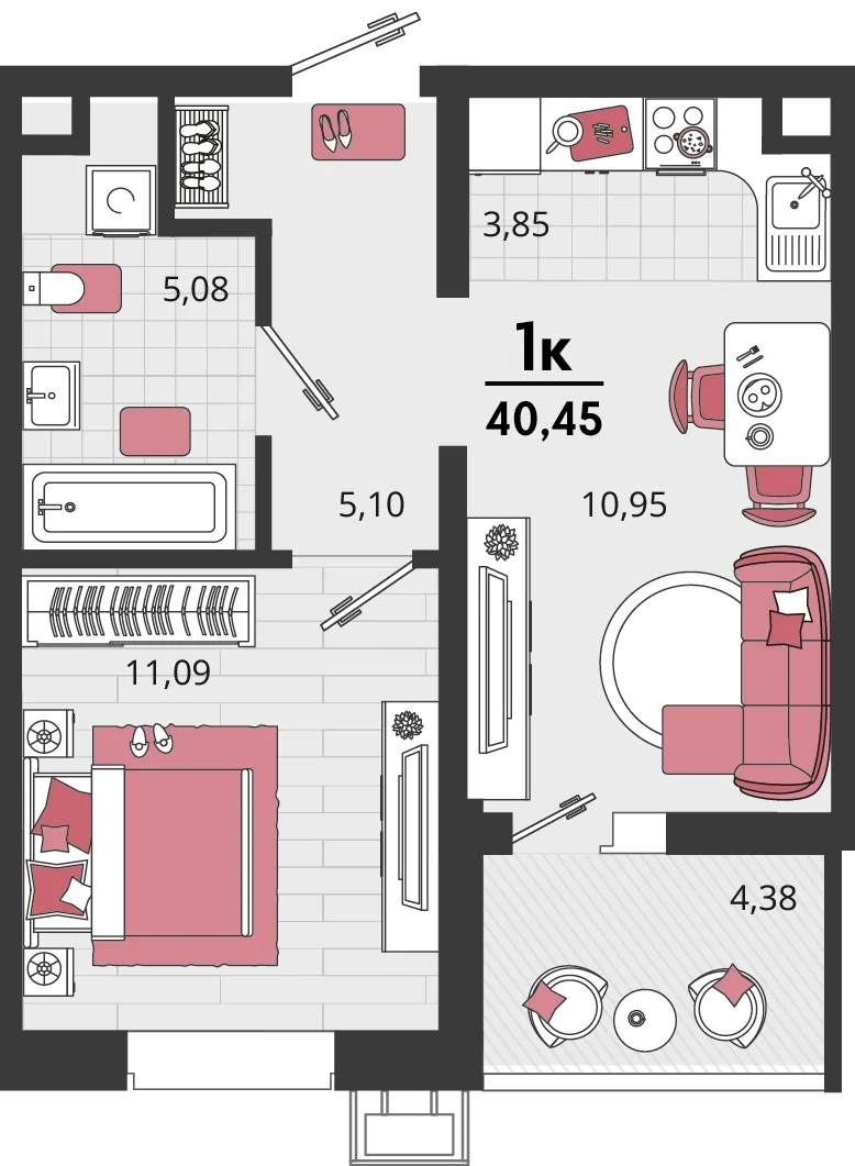 Планировка 2-комн. квартира, 40.45 м² ЖК «Родные просторы»