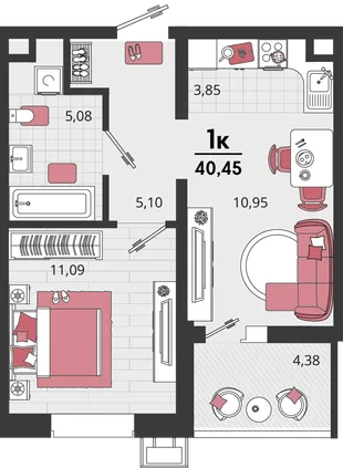 Планировка 2-комн. квартира, 40.45 м² ЖК «Родные просторы»
