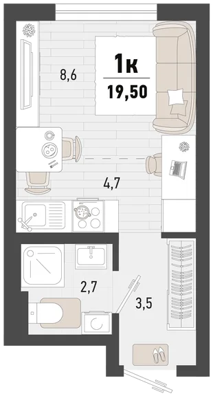 Планировка Студия, 19.5 м² ЖК «Барса»