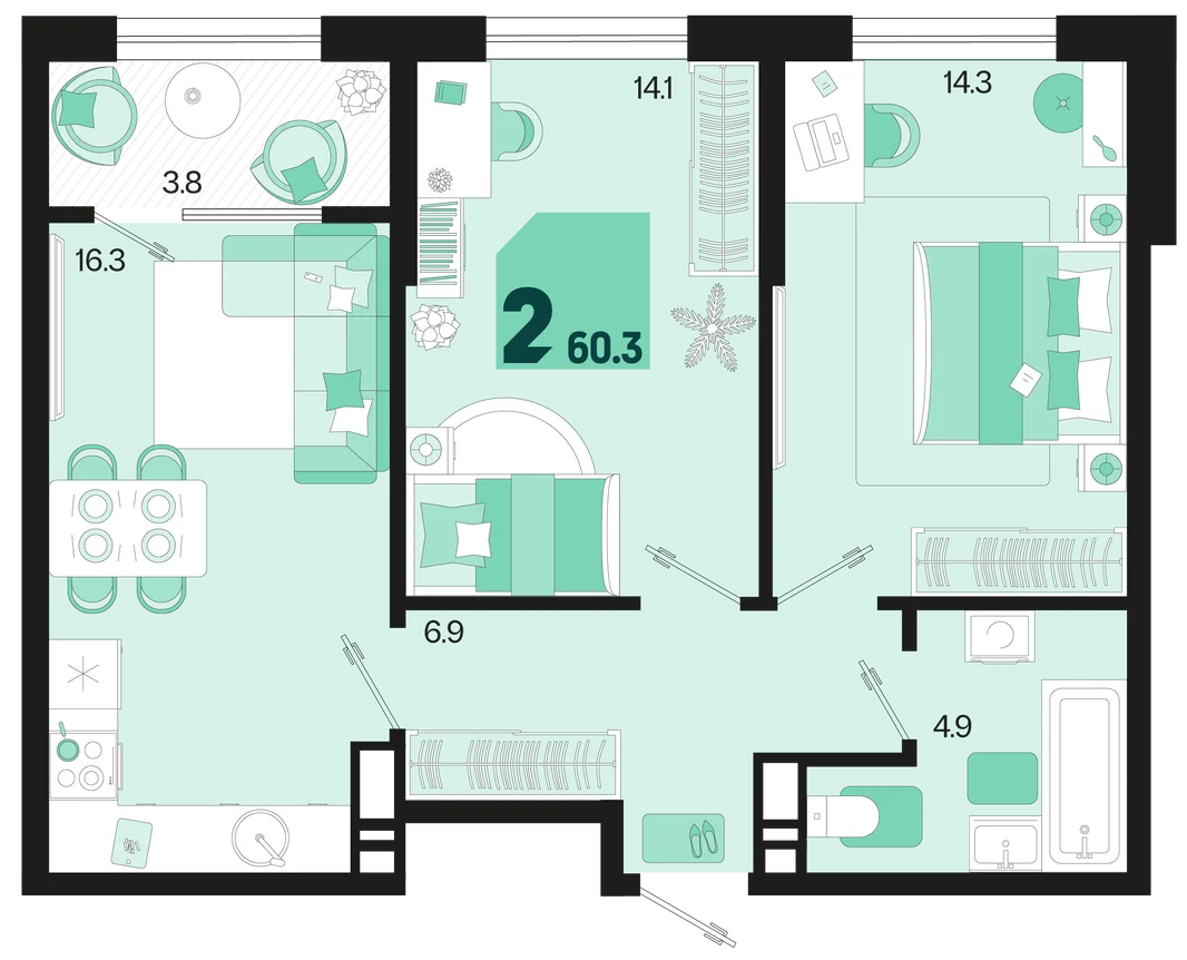 Планировка 2-комн. квартира, 60.3 м² ЖК «Первое место»