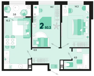 Планировка 2-комн. квартира, 60.3 м² ЖК «Первое место»