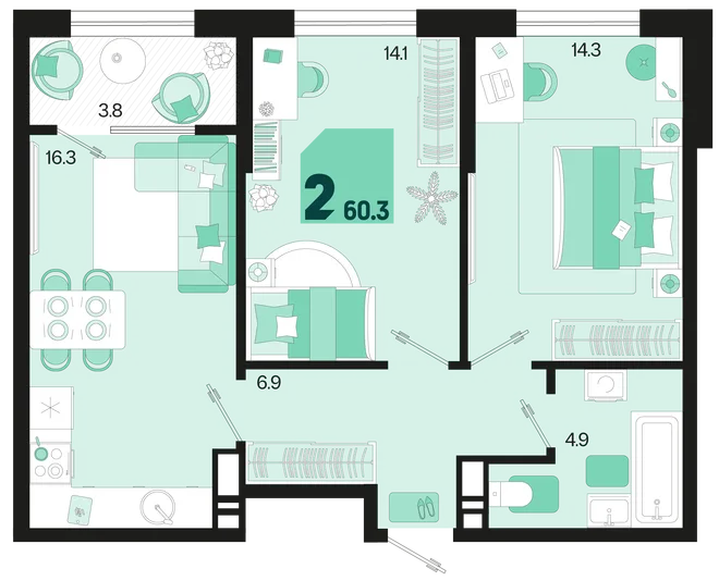 Планировка 2-комн. квартира, 60.3 м² ЖК «Первое место» Планировка 2-комн. квартира, 60.3 м² ЖК «Первое место»