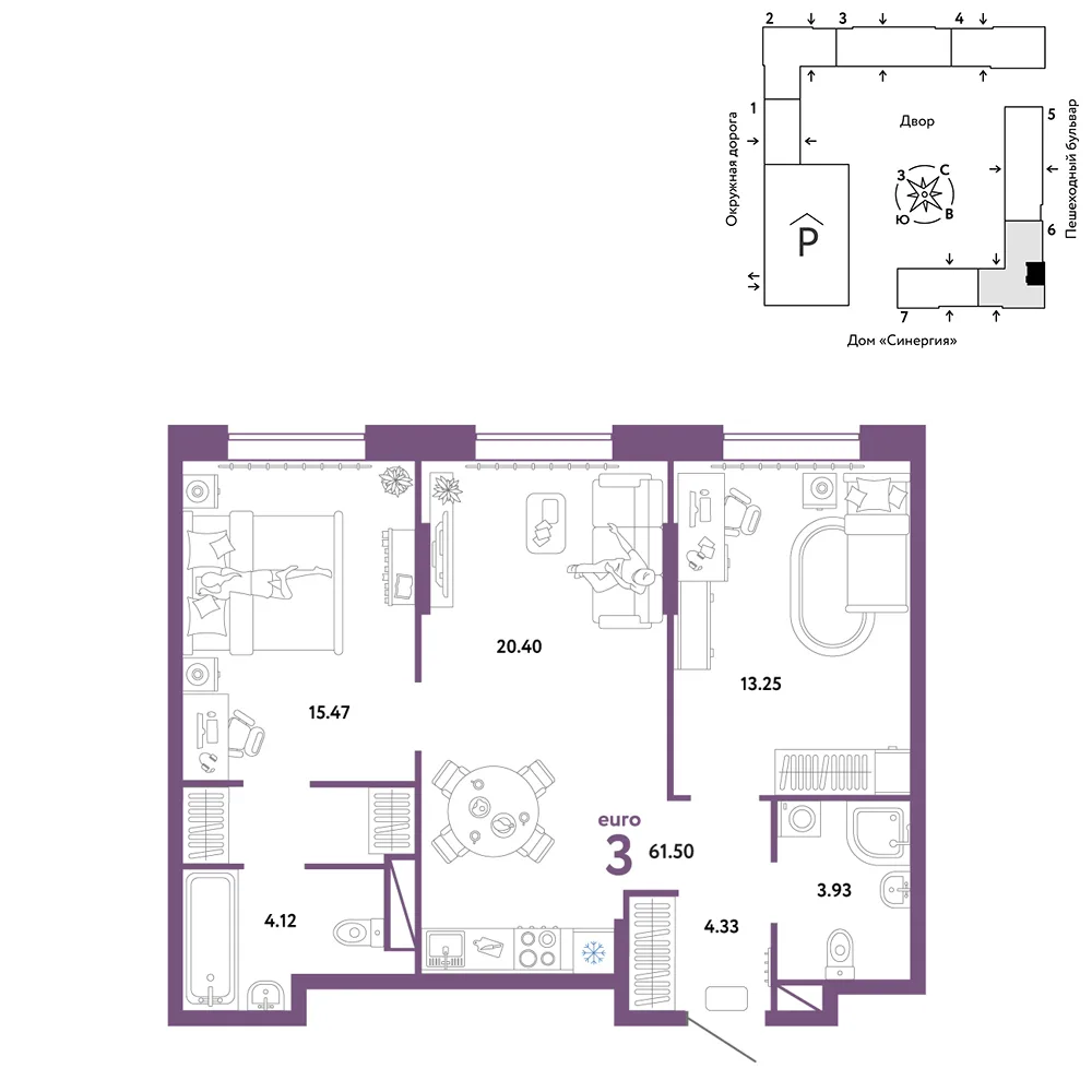 Планировка 3-комн. квартира, 61.5 м² ЖК «Юнион»