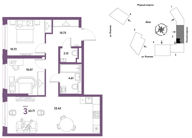 Планировка 3-комн. квартира, 63.71 м² ЖК «Сибирский сад» Планировка 3-комн. квартира, 63.71 м² ЖК «Сибирский сад»