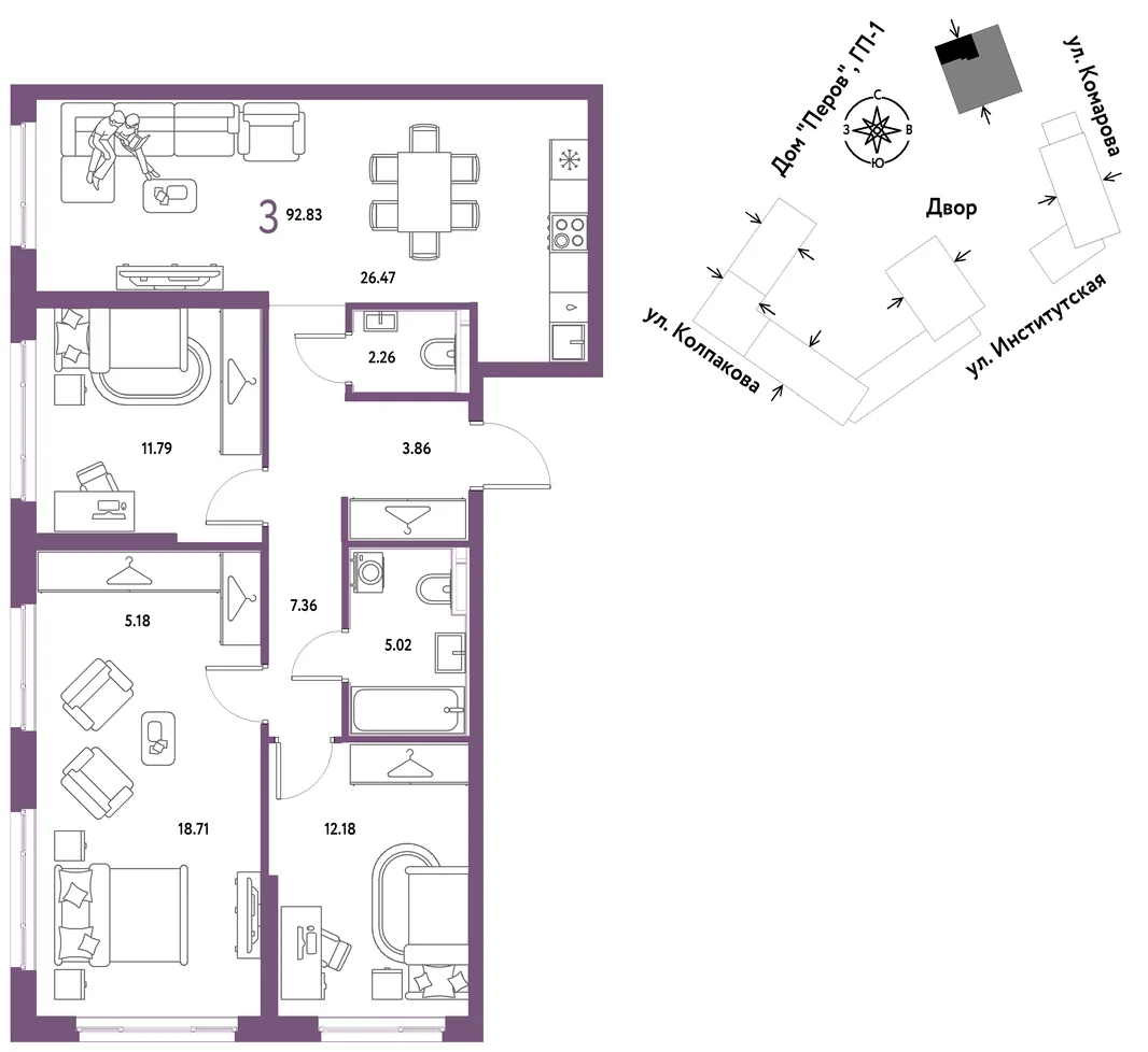 Планировка 3-комн. квартира, 92.83 м² ЖК «Страна.Парковая»