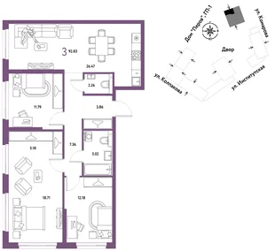 Планировка 3-комн. квартира, 92.83 м² ЖК «Страна.Парковая»