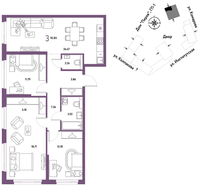 Планировка 3-комн. квартира, 92.83 м² ЖК «Страна.Парковая» Планировка 3-комн. квартира, 92.83 м² ЖК «Страна.Парковая»