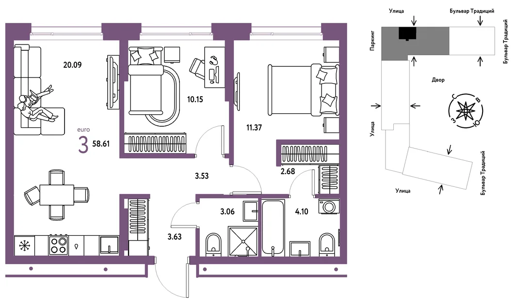 Планировка 3-комн. квартира, 58.61 м² ЖК «Микрорайон Домашний»