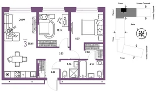 Планировка 3-комн. квартира, 58.61 м² ЖК «Микрорайон Домашний»