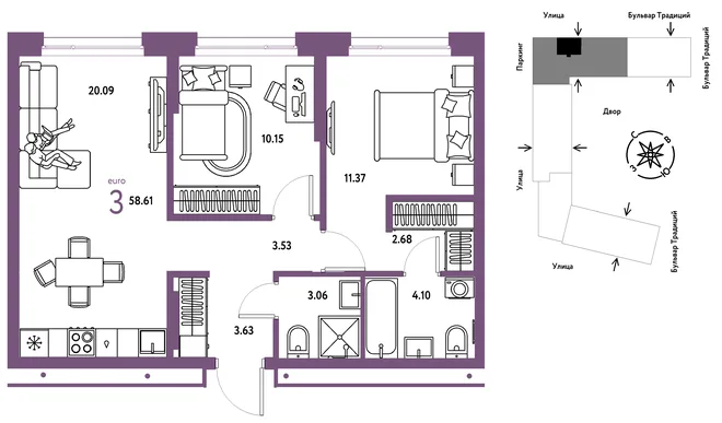 Планировка 3-комн. квартира, 58.61 м² ЖК «Микрорайон Домашний» Планировка 3-комн. квартира, 58.61 м² ЖК «Микрорайон Домашний»