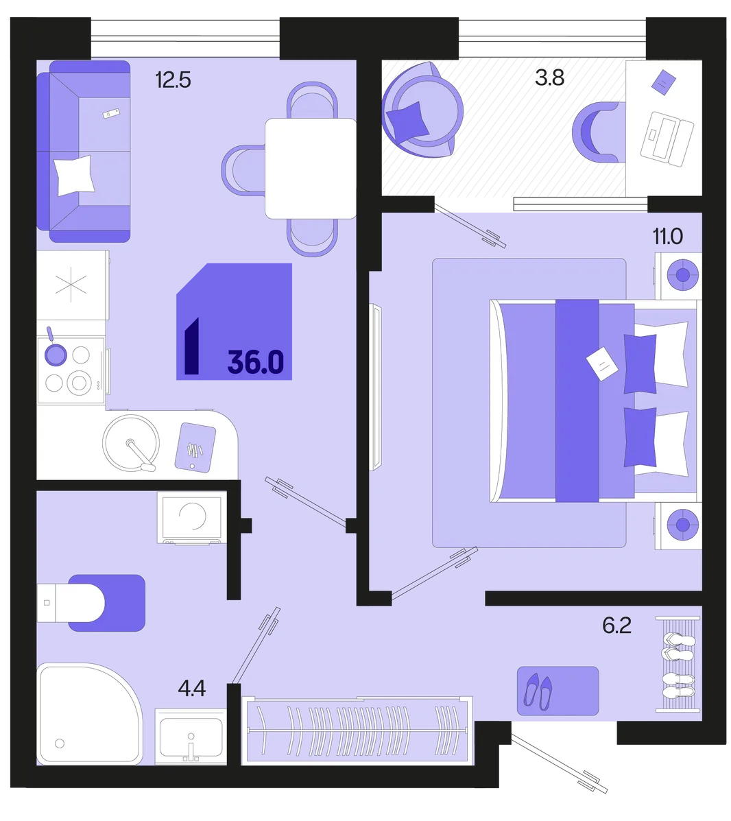 Планировка 1-комн. квартира, 37.9 м² ЖК «Первое место»