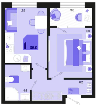 Планировка 1-комн. квартира, 37.9 м² ЖК «Первое место»