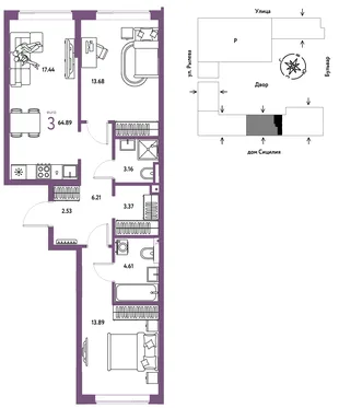 Планировка 3-комн. квартира, 64.89 м² ЖК «Остров-сад»