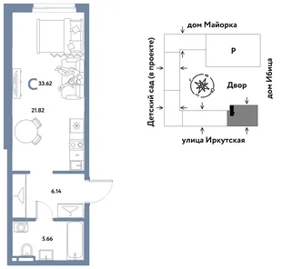 Планировка Студия, 33.62 м² ЖК «Остров-сад»