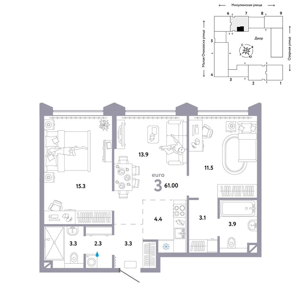 Планировка 3-комн. квартира, 61 м² ЖК «Страна.Озёрная»