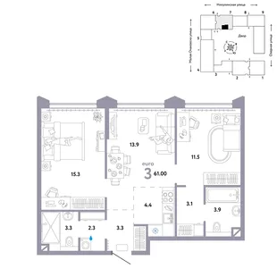 Планировка 3-комн. квартира, 61 м² ЖК «Страна.Озёрная»