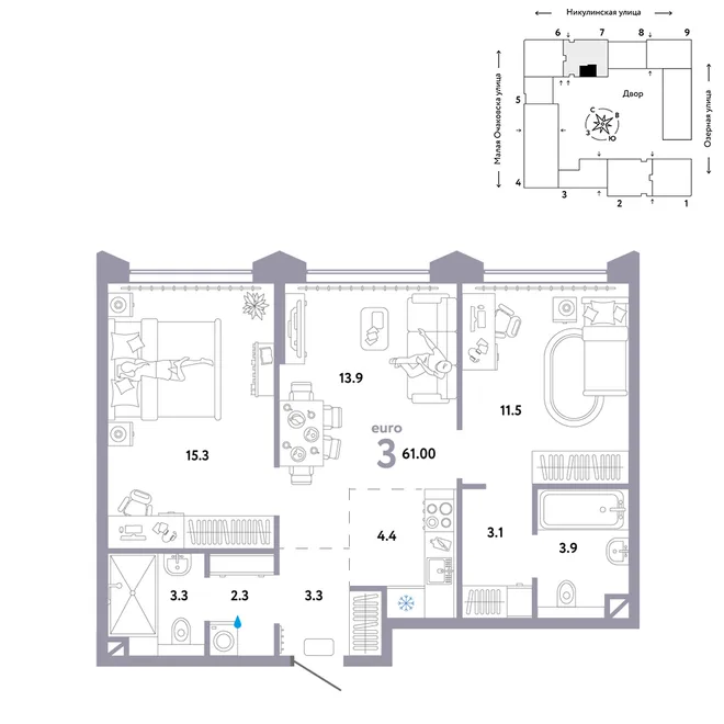 Планировка 3-комн. квартира, 61 м² ЖК «Страна.Озёрная» Планировка 3-комн. квартира, 61 м² ЖК «Страна.Озёрная»