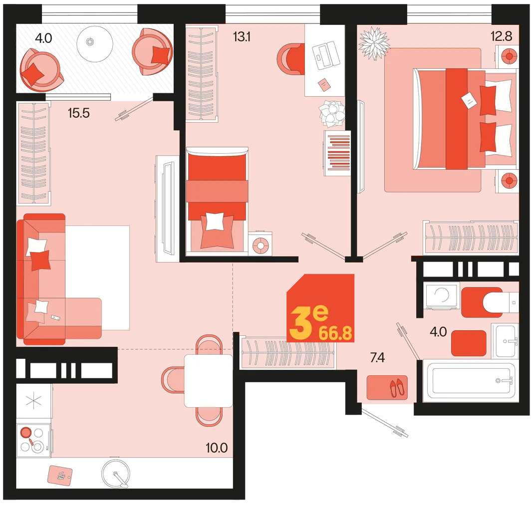Планировка 3-комн. квартира, 66.8 м² ЖК «Первое место»