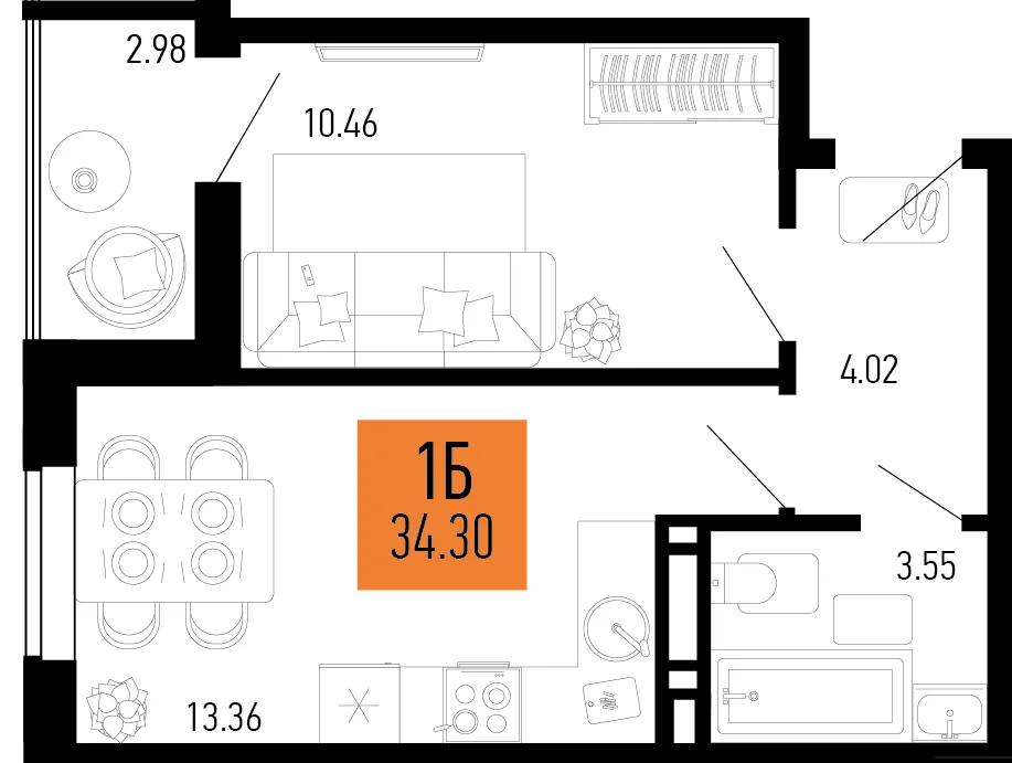 Планировка 1-комн. квартира, 34.37 м² ЖК «Столицыно»