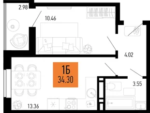 Планировка 1-комн. квартира, 34.37 м² ЖК «Столицыно»