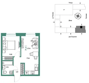 Планировка 2-комн. квартира, 37.14 м² ЖК «Остров-сад»