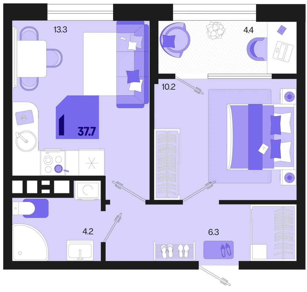 Планировка 1-комн. квартира, 37.7 м² ЖК «Первое место»