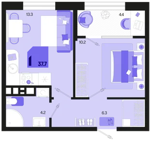 Планировка 1-комн. квартира, 37.7 м² ЖК «Первое место»