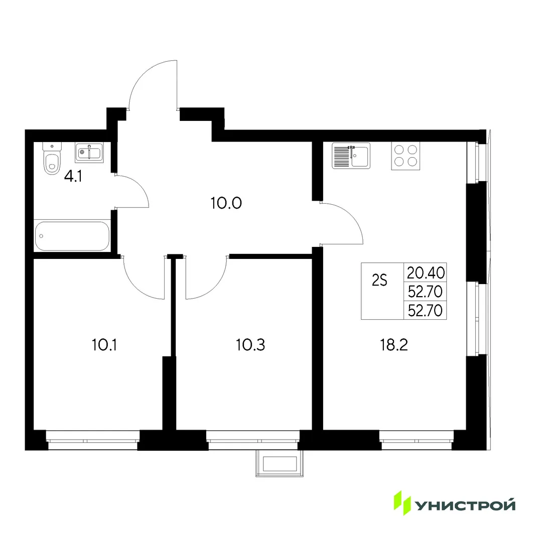 Планировка 2-комн. квартира, 52.7 м² ЖК «Стадиум»