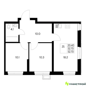 Планировка 2-комн. квартира, 52.7 м² ЖК «Стадиум»