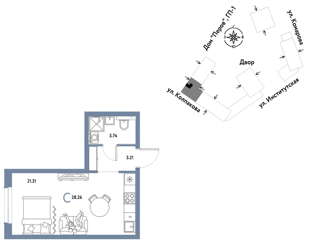 Планировка Студия, 28.26 м² ЖК «Страна.Парковая»