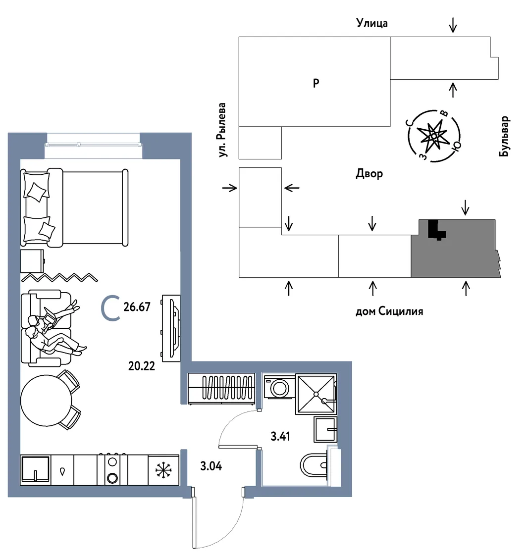 Планировка Студия, 26.67 м² ЖК «Остров-сад»