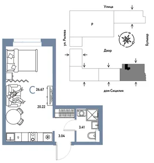 Планировка Студия, 26.67 м² ЖК «Остров-сад»