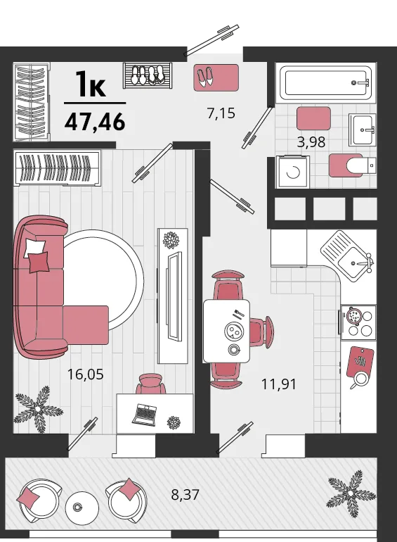 Планировка 1-комн. квартира, 47.46 м² ЖК «Родные просторы»