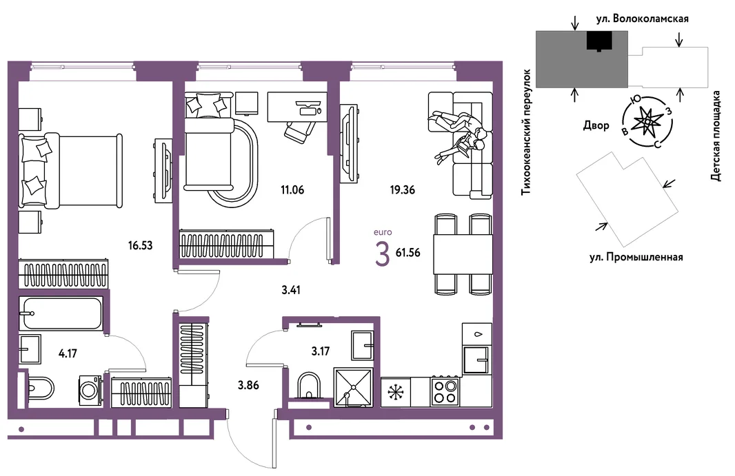 Планировка 3-комн. квартира, 61.56 м² ЖК «Страна Прибрежная»