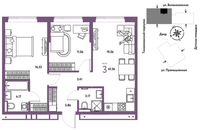 Планировка 3-комн. квартира, 61.56 м² ЖК «Страна Прибрежная» Планировка 3-комн. квартира, 61.56 м² ЖК «Страна Прибрежная»