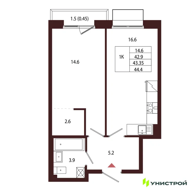 Планировка 1-комн. квартира, 43.35 м² ЖК «Лисино» Планировка 1-комн. квартира, 43.35 м² ЖК «Лисино»