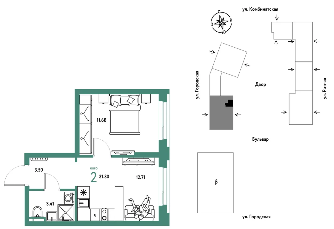 Планировка 2-комн. квартира, 31.3 м² ЖК «Уральский сад»