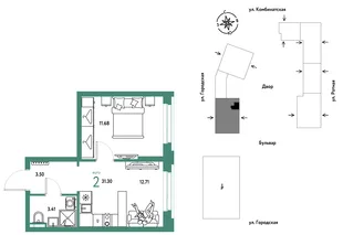 Планировка 2-комн. квартира, 31.3 м² ЖК «Уральский сад»