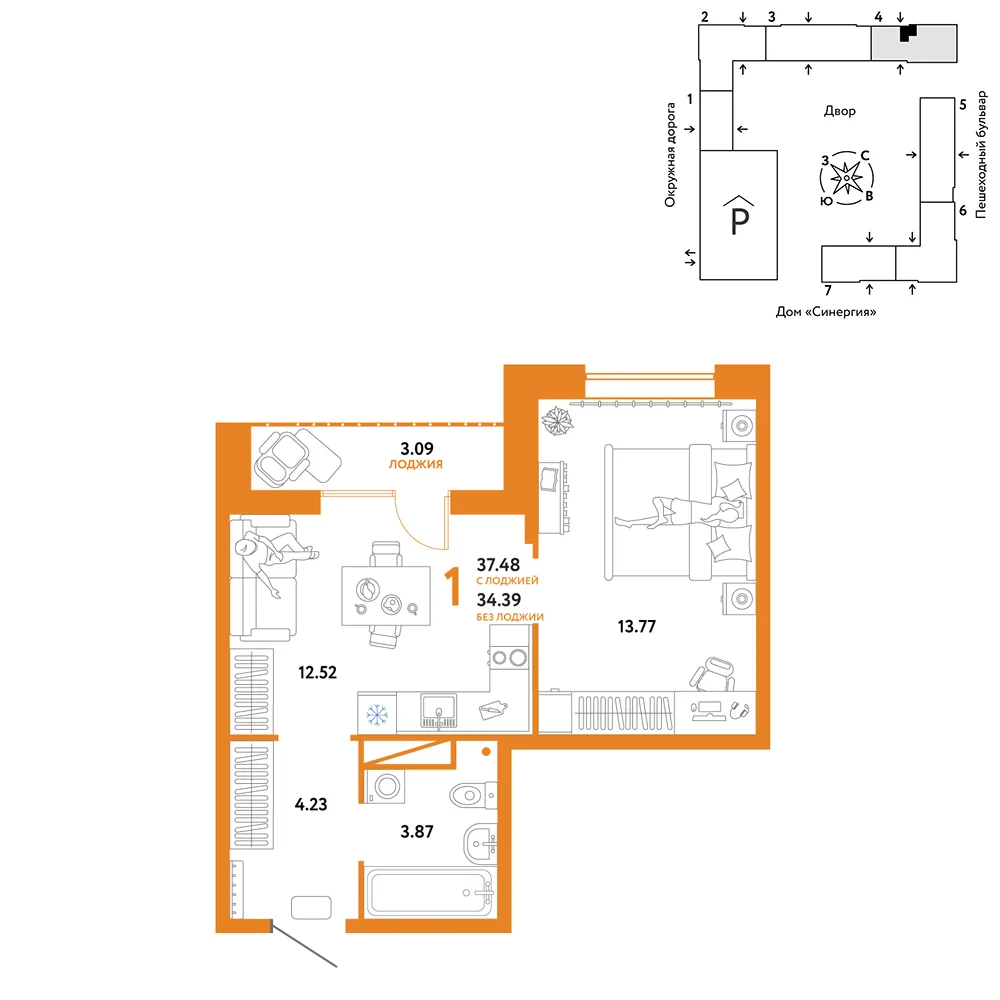Планировка 1-комн. квартира, 37.48 м² ЖК «Юнион»