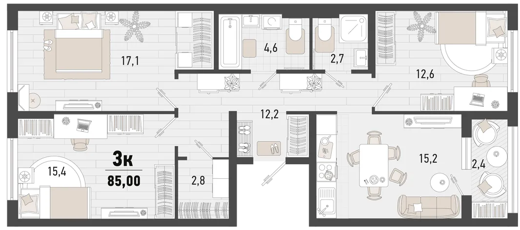 Планировка 3-комн. квартира, 85 м² ЖК «Барса»