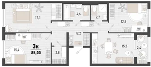 Планировка 3-комн. квартира, 85 м² ЖК «Барса»